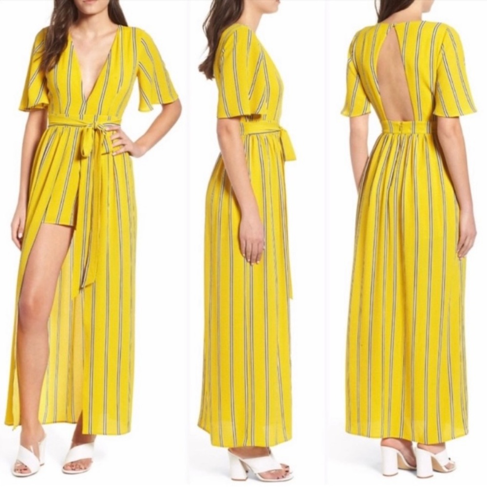 Socialite yellow with navy blue/white stripes.